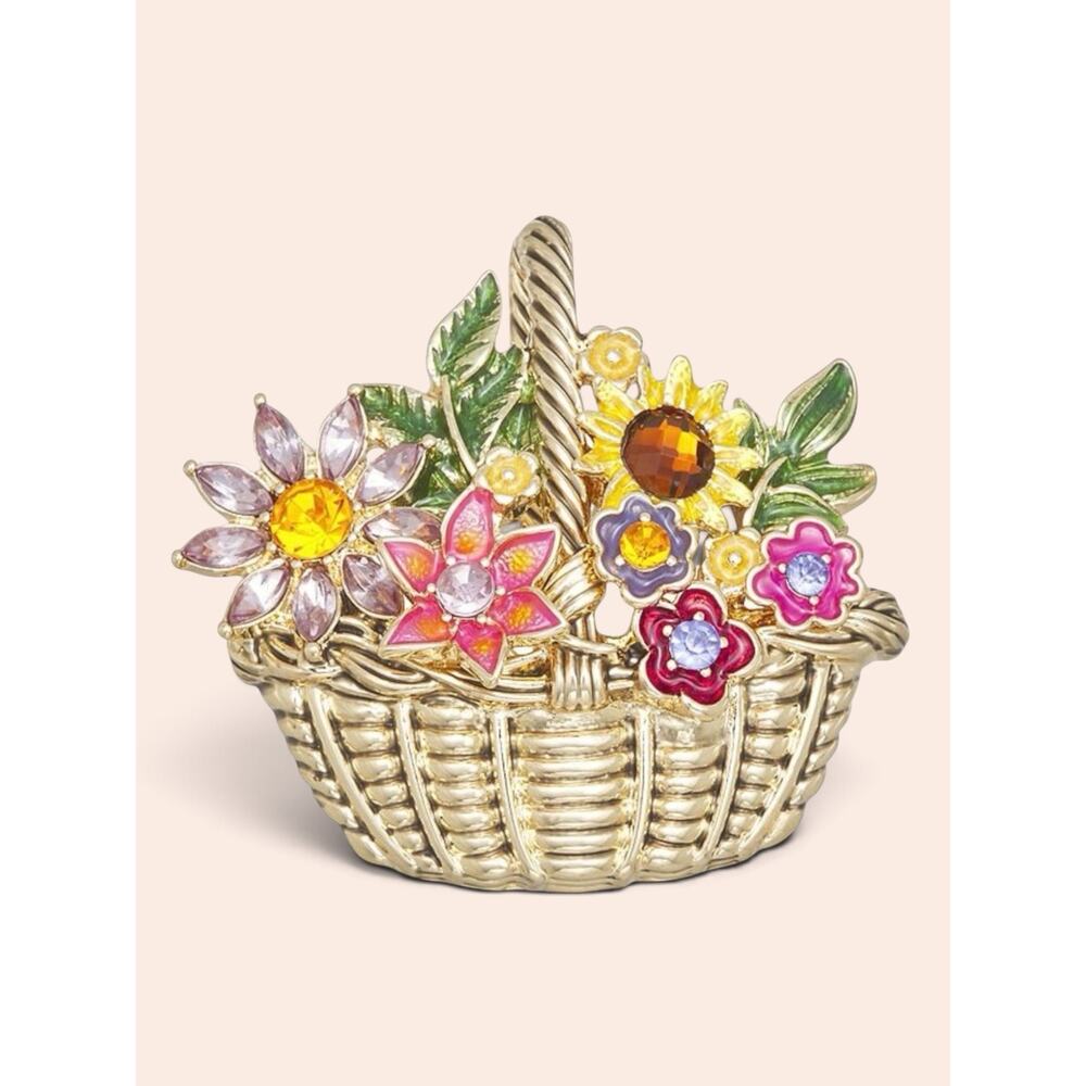 NAPIER Floral Basket Brooch Enamel Rhinestone Flower Pin on Card Fall Gold Tone - Picture 4 of 5